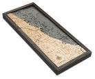 Chicago, Illinois 3D layered wood map in laser-cut Baltic birch, shown framed against a light wall