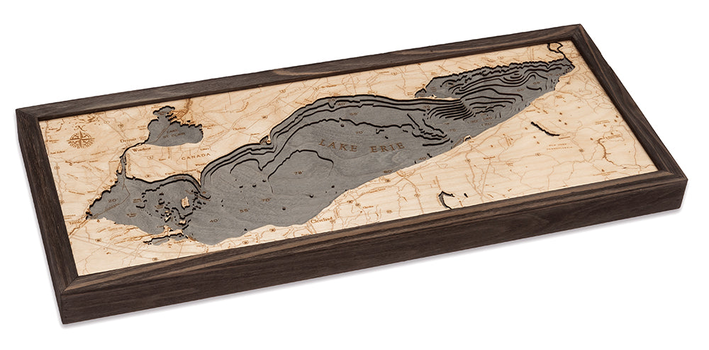Lake Erie 3D layered wood map in laser-cut Baltic birch, shown framed against a light wall
