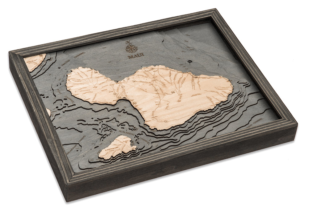 Maui, Hawaii 3D layered wood map in laser-cut Baltic birch, shown framed against a light wall
