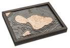 Maui, Hawaii 3D layered wood map in laser-cut Baltic birch, shown framed against a light wall