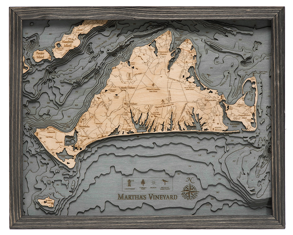 Martha's Vineyard, Massachusetts 3D layered wood map in laser-cut Baltic birch, shown framed against a light wall