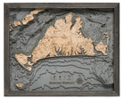 Martha's Vineyard, Massachusetts 3D layered wood map in laser-cut Baltic birch, shown framed against a light wall
