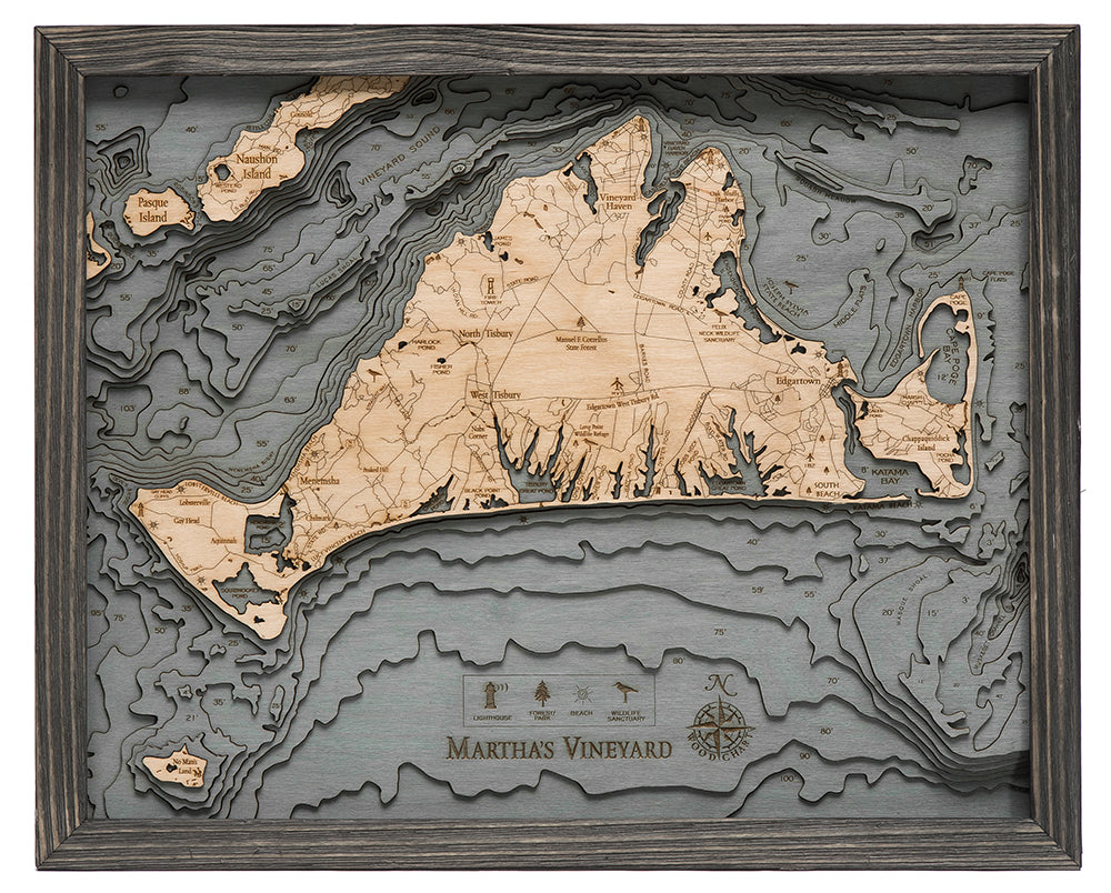 Martha's Vineyard, Massachusetts Wood Carved Topographic Depth Chart / Map