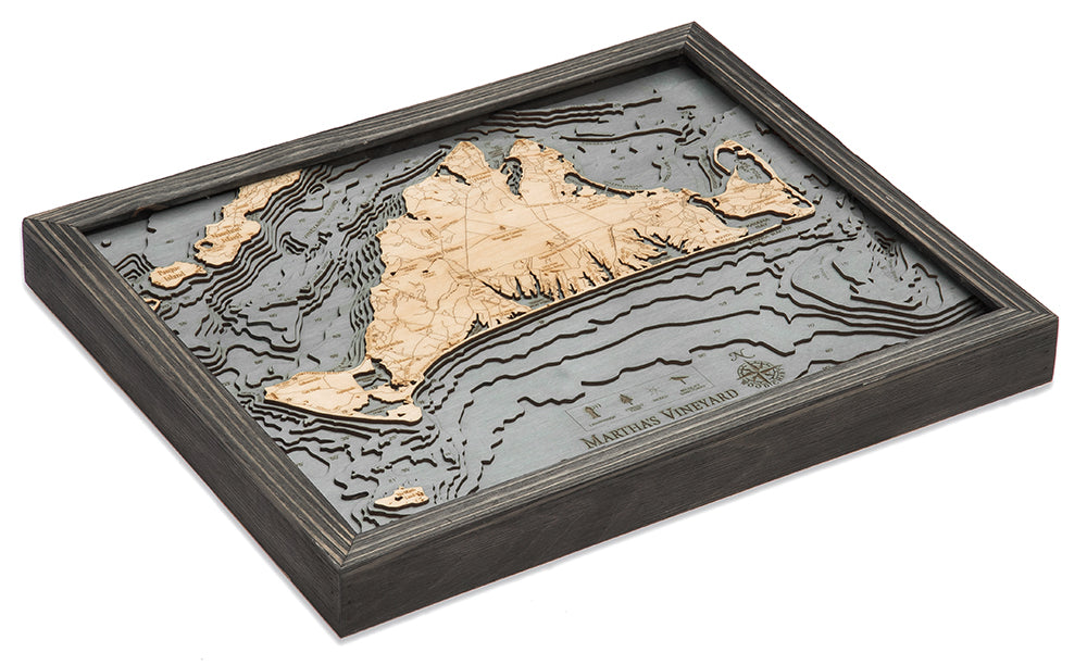 Martha's Vineyard, Massachusetts 3D layered wood map in laser-cut Baltic birch, shown framed against a light wall
