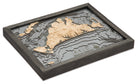Martha's Vineyard, Massachusetts 3D layered wood map in laser-cut Baltic birch, shown framed against a light wall