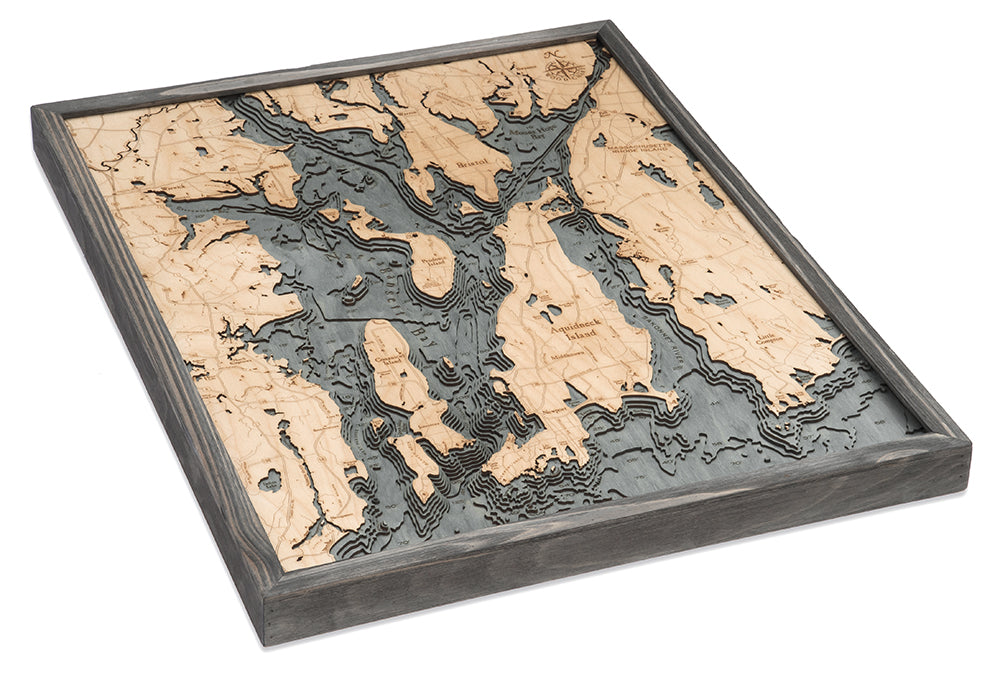 Narragansett Bay & Newport, Rhode Island 3D layered wood map in laser-cut Baltic birch, shown framed against a light wall