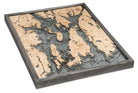 Narragansett Bay & Newport, Rhode Island 3D layered wood map in laser-cut Baltic birch, shown framed against a light wall