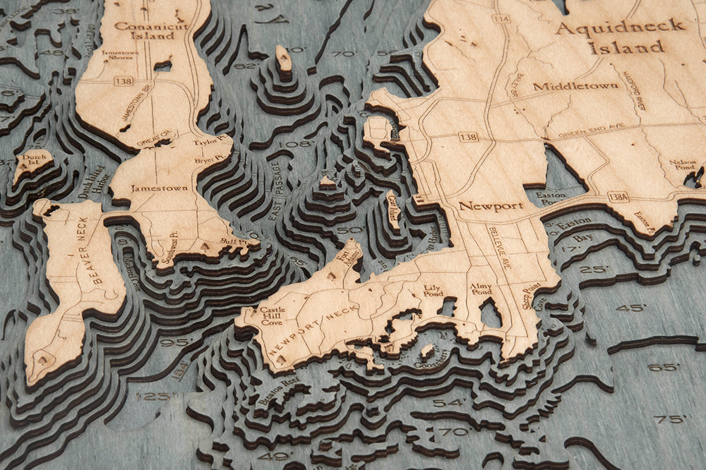 Narragansett Bay & Newport, RI Wood Carved Topographic Depth Chart / Map