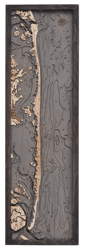 Long Beach Island, New Jersey 3D layered wood map in laser-cut Baltic birch, shown framed against a light wall