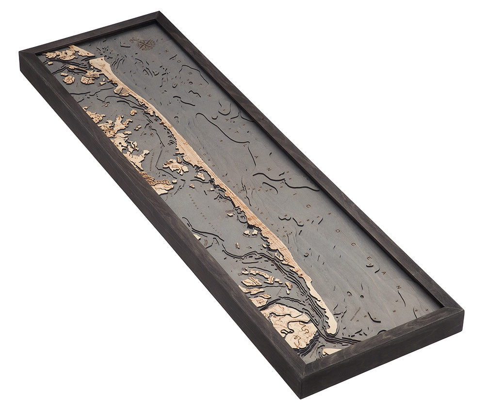 Long Beach Island, New Jersey 3D layered wood map in laser-cut Baltic birch, shown framed against a light wall