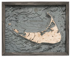 Nantucket, Massachusetts 3D layered wood map in laser-cut Baltic birch, shown framed against a light wall