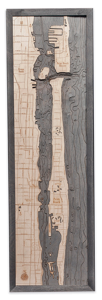 Palm Beach, Florida 3D layered wood map in laser-cut Baltic birch, shown framed against a light wall
