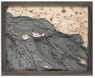 Santa Barbara, California 3D layered wood map in laser-cut Baltic birch, shown framed against a light wall