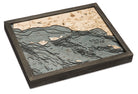Santa Barbara, California 3D layered wood map in laser-cut Baltic birch, shown framed against a light wall