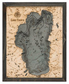 Lake Tahoe, California 3D layered wood map in laser-cut Baltic birch, shown framed against a light wall