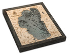 Lake Tahoe, California 3D layered wood map in laser-cut Baltic birch, shown framed against a light wall