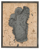 Lake Tahoe, California 3D layered wood map in laser-cut Baltic birch, shown framed against a light wall