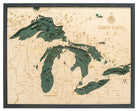 Great Lakes 3D layered wood map in laser-cut Baltic birch, shown framed against a light wall