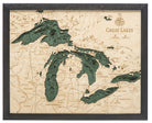 Great Lakes 3D layered wood map in laser-cut Baltic birch, shown framed against a light wall
