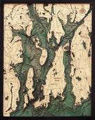 Narragansett Bay & Newport, Rhode Island 3D layered wood map in laser-cut Baltic birch, shown framed against a light wall