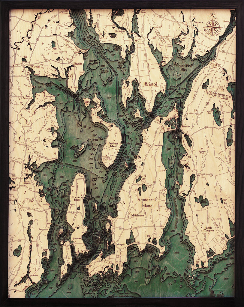 Narragansett Bay & Newport, Rhode Island 3D layered wood map in laser-cut Baltic birch, shown framed against a light wall
