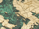 Narragansett Bay & Newport, Rhode Island 3D layered wood map in laser-cut Baltic birch, shown framed against a light wall