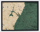 New Hampshire Coast 3D layered wood map in laser-cut Baltic birch, shown framed against a light wall