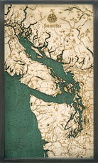 Salish Sea, Washington wood serving tray in laser-cut Baltic birch, shown framed against a light wall