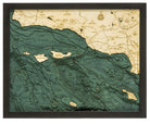 Santa Barbara, California 3D layered wood map in laser-cut Baltic birch, shown framed against a light wall