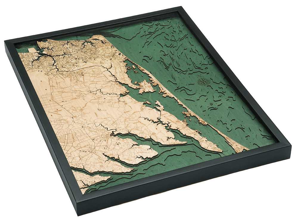 Virginia Beach to Kitty Hawk 3D layered wood map in laser-cut Baltic birch, shown framed against a light wall