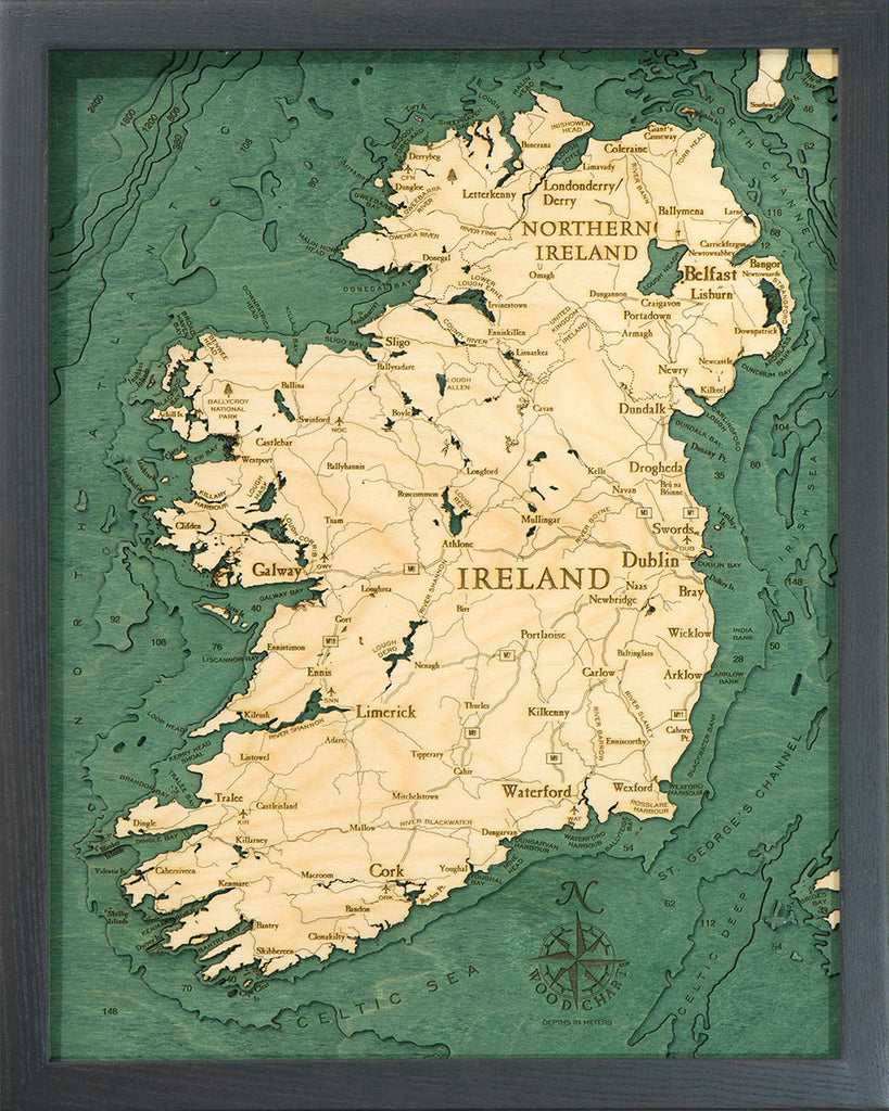 Ireland Wood Carved Topographic Depth Chart / Map - Nautical Lake Art