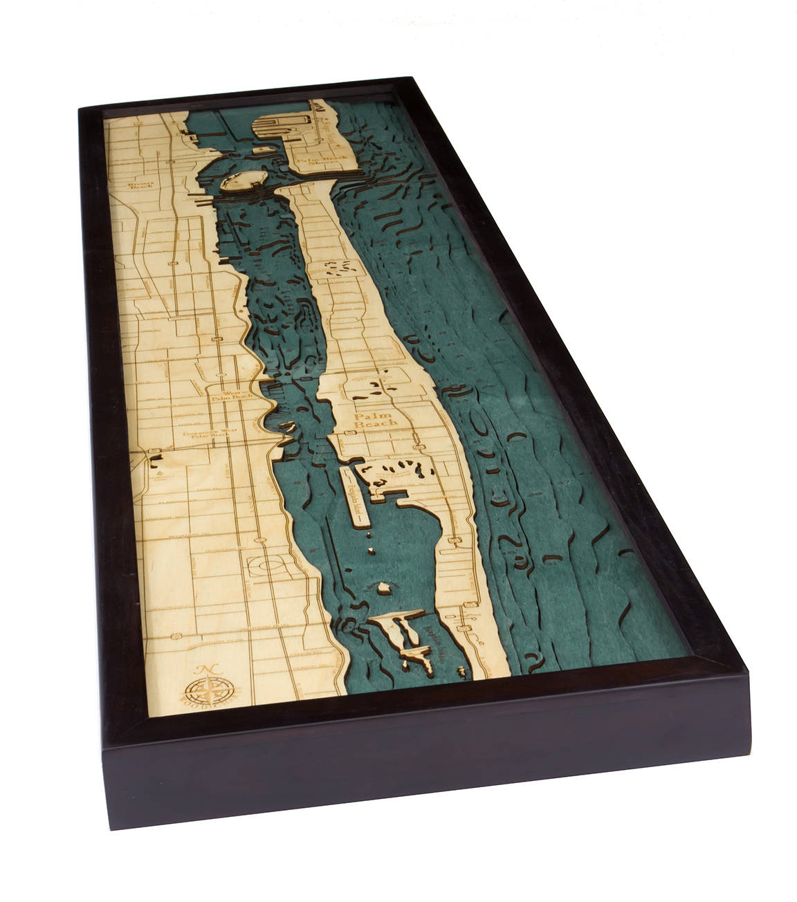 Palm Beach, Florida 3D layered wood map in laser-cut Baltic birch, shown framed against a light wall