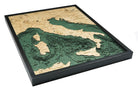 Italy 3D layered wood map in laser-cut Baltic birch, shown framed against a light wall