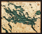 Lake Winnipesaukee, New Hampshire 3D layered wood map in laser-cut Baltic birch, shown framed against a light wall