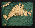 Martha's Vineyard, Massachusetts 3D layered wood map in laser-cut Baltic birch, shown framed against a light wall