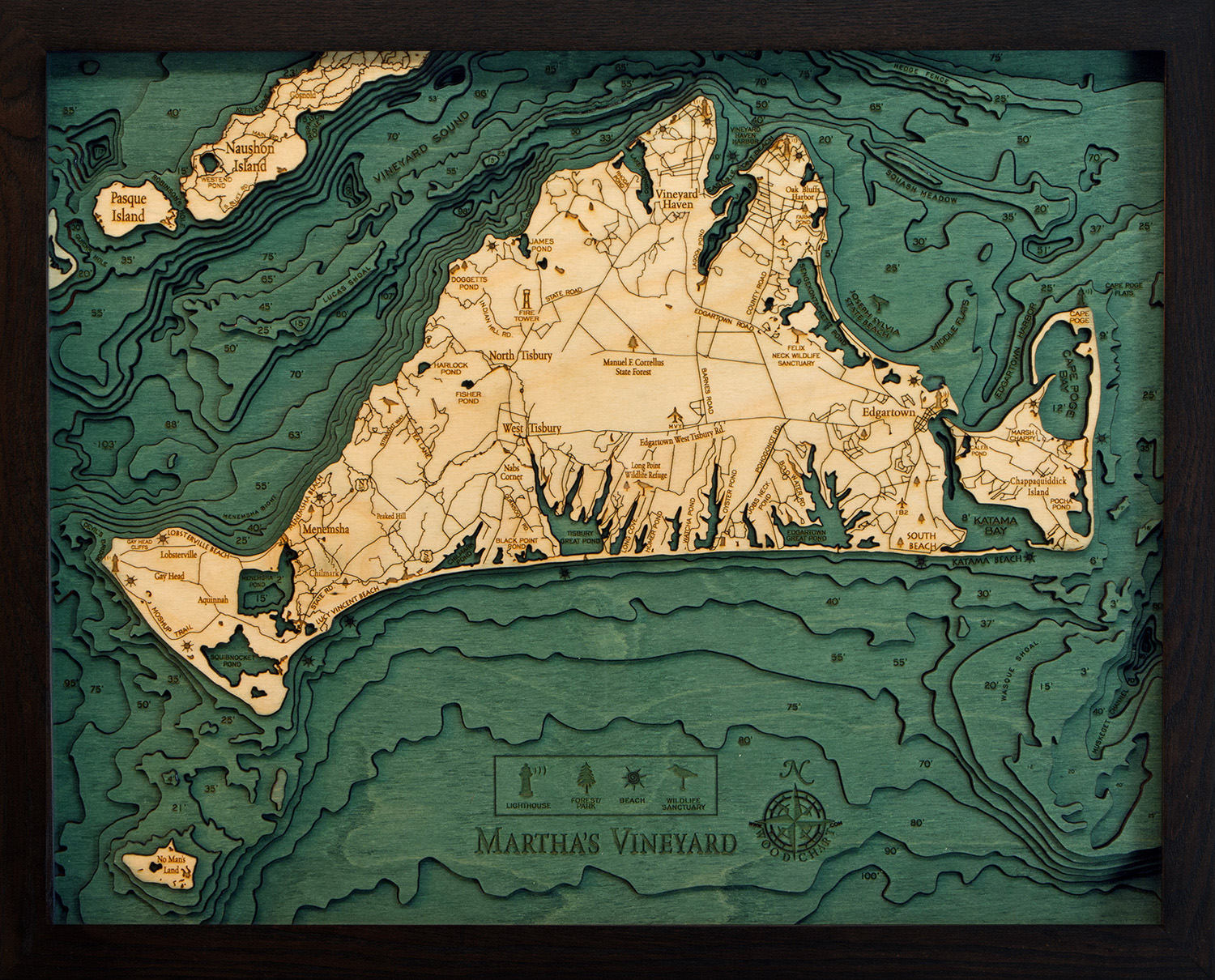 Martha's Vineyard, Massachusetts 3D layered wood map in laser-cut Baltic birch, shown framed against a light wall