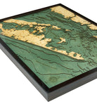East Long Island Sound 3D layered wood map in laser-cut Baltic birch, shown framed against a light wall