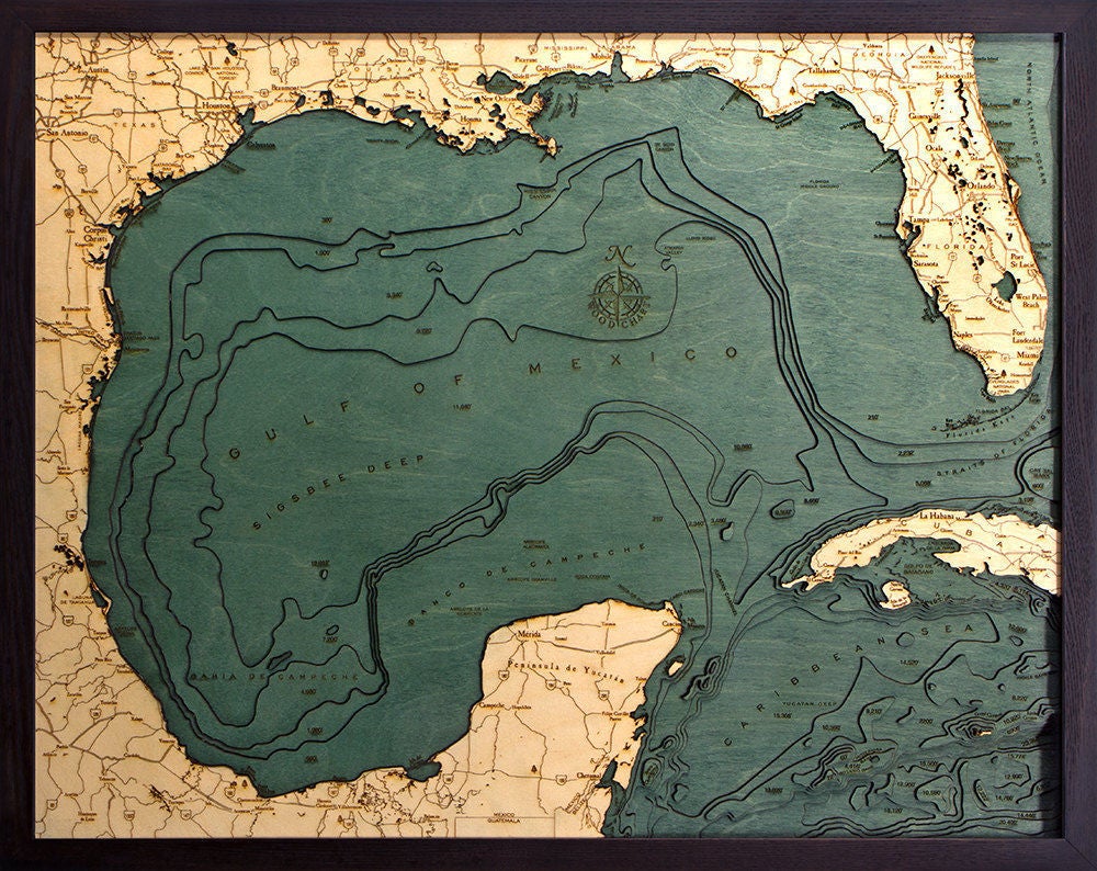 Gulf Of Mexico 3D layered wood map in laser-cut Baltic birch, shown framed against a light wall