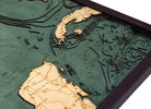 Gulf Of Mexico 3D layered wood map in laser-cut Baltic birch, shown framed against a light wall