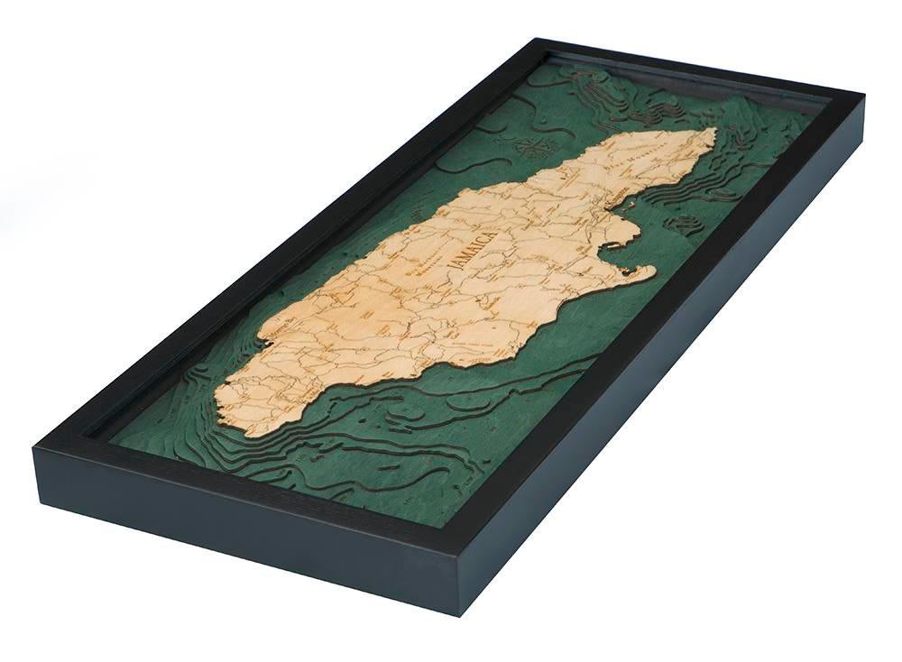 Jamaica, Caribbean 3D layered wood map in laser-cut Baltic birch, shown framed against a light wall