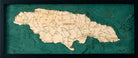 Jamaica, Caribbean 3D layered wood map in laser-cut Baltic birch, shown framed against a light wall