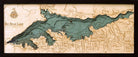Big Bear Lake, California 3D layered wood map in laser-cut Baltic birch, shown framed against a light wall