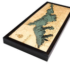 Big Bear Lake, California 3D layered wood map in laser-cut Baltic birch, shown framed against a light wall