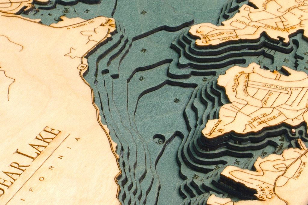 Big Bear Lake Wood Carved Topographic Depth Chart / Map - Nautical Lake Art