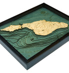 Catalina Island, California 3D layered wood map in laser-cut Baltic birch, shown framed against a light wall