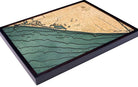 Huntington Beach, California 3D layered wood map in laser-cut Baltic birch, shown framed against a light wall