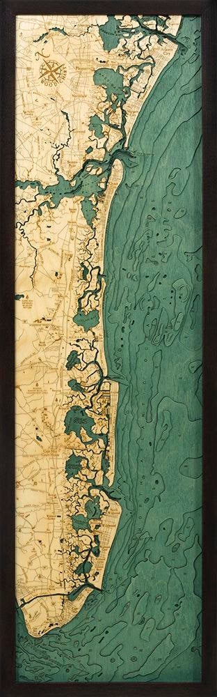 New Jersey South Shore 3D layered wood map in laser-cut Baltic birch, shown framed against a light wall