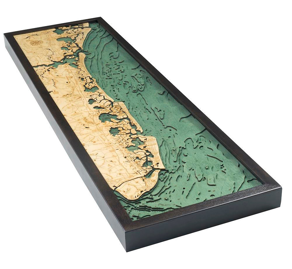 New Jersey South Shore 3D layered wood map in laser-cut Baltic birch, shown framed against a light wall