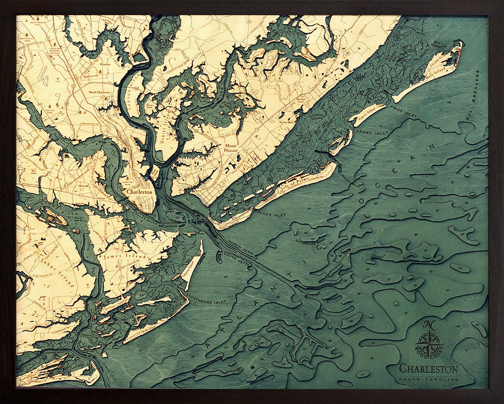 Charleston, South Carolina 3D layered wood map in laser-cut Baltic birch, shown framed against a light wall