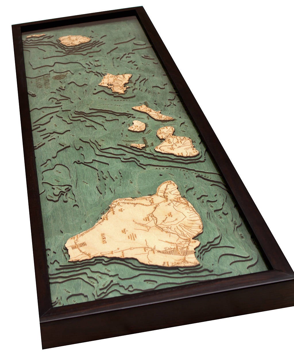 Hawaiian Islands 3D layered wood map in laser-cut Baltic birch, shown framed against a light wall